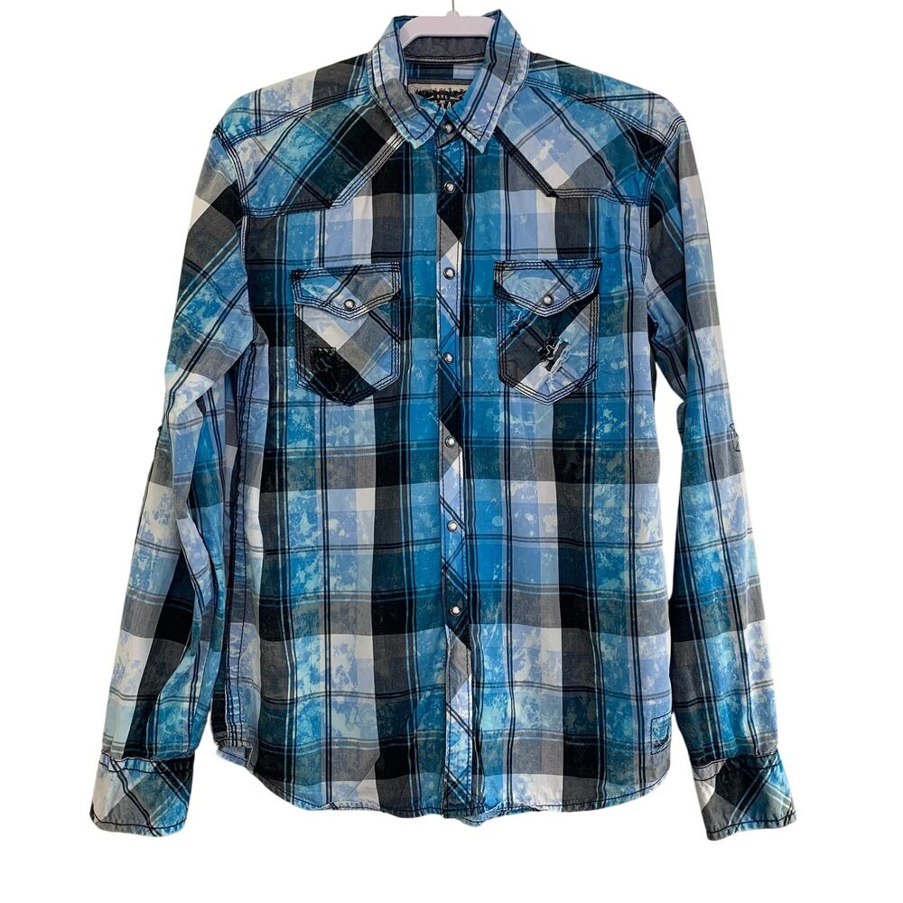 BKE Vintage Athletic Fit Western Shirt Size M Blue Bleach Dye Plaid Pearl Snap